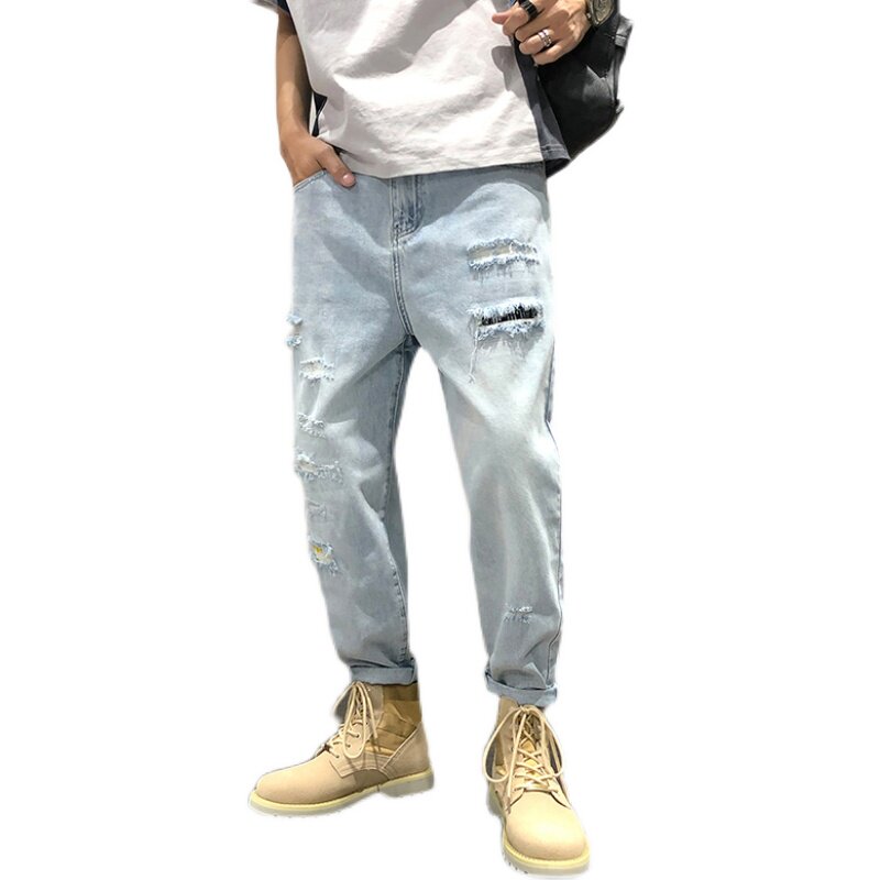 2022 Spring/Autumn new men's straight-leg loose trendy brand ripped patch 9-point light-colored casual Harem jeans Item Picture